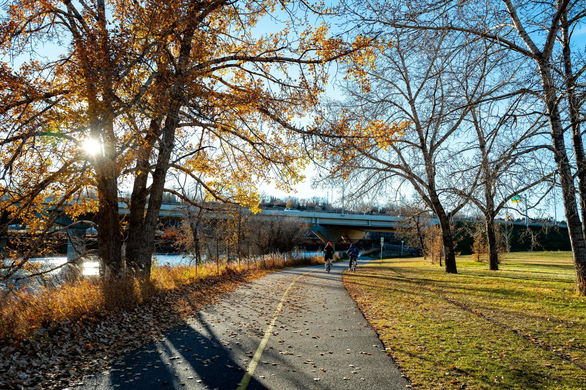 Cyclists on a Calgary river pathway framed as the hero image for the Communities page