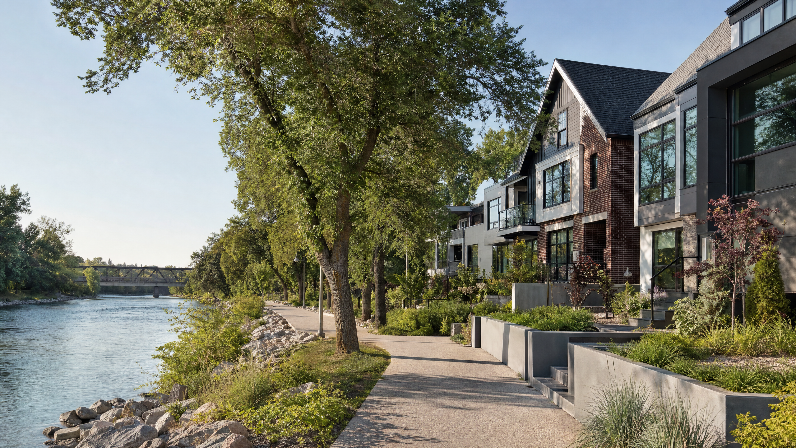 Bowness river-adjacent pathway and polished residential edge