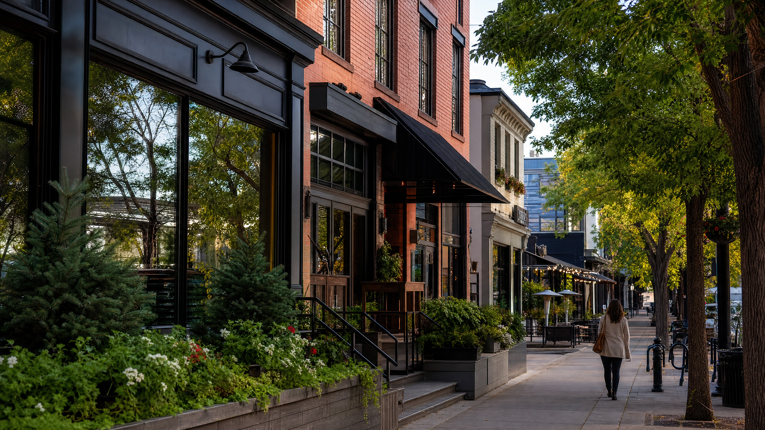 Hillhurst streetscape with refined retail frontage and mature trees