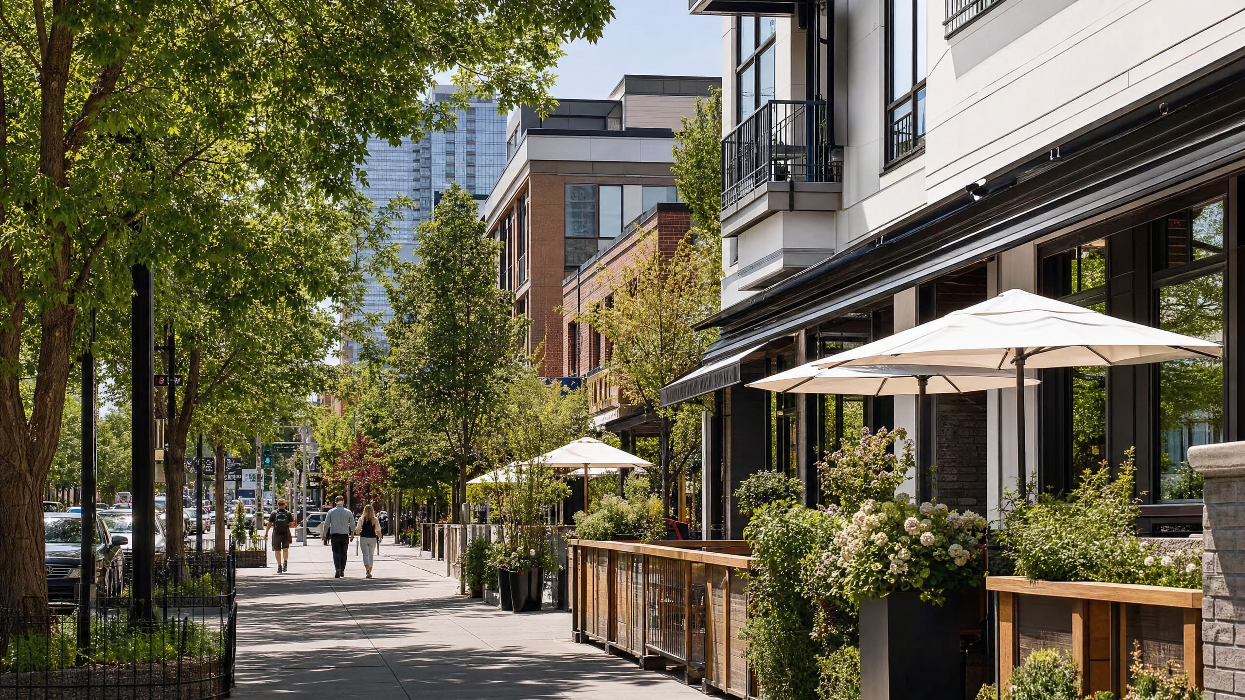 Mission streetscape with patios and polished urban character